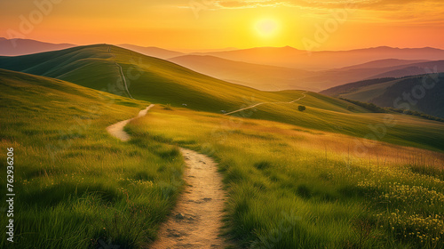 Winding Trail Through Hills at Sunset.