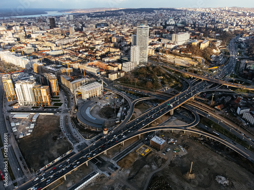 Aerial drone view of a road junction at sunset Belgrade, Serbia, Europe