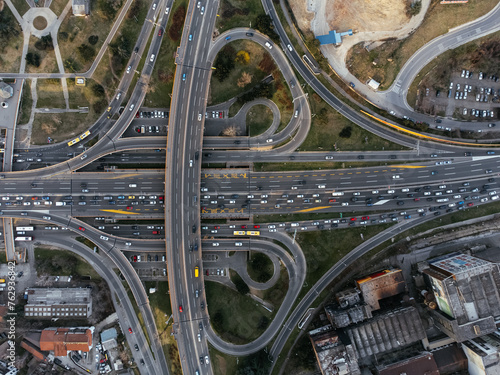 Aerial drone view of a road junction at sunset Belgrade, Serbia, Europe