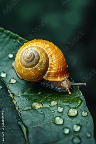 Close-up of a stunning snail on a leaf, showcasing its intricate shell and shimmering skin adorned with water droplets, surrounded by lush green foliage for a captivating display of natures beauty.