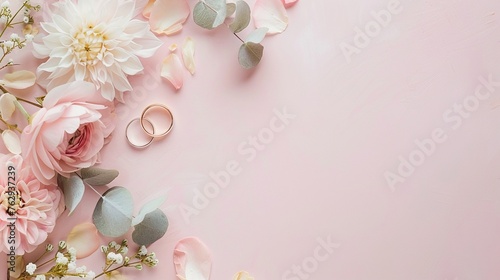 Wedding background. Wedding rings, flowers, eucalyptus on pink background. Flat lay, top view, copy space.