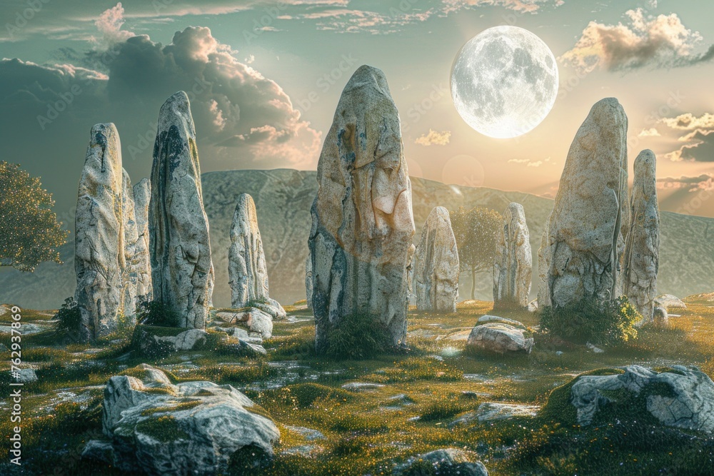 Ancient Secrets Unveiled The Enigmatic Stonehenge Standing Proud and Mysterious in the Moonlight, Radiating Timeless Power, Wisdom, and Intrigue That Captivates the Imagination. - obrazy, fototapety, plakaty 