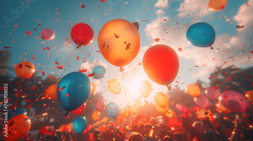 Festival scene with giant balloons bouncing over the heads of a happy crowd photo