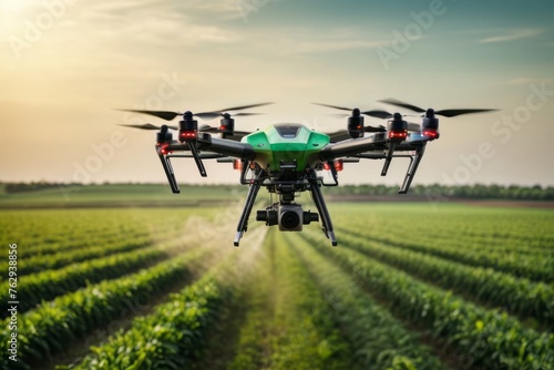 Flying drone spraying pesticides on green agricultural field to eliminate pests, modern technology of agriculture