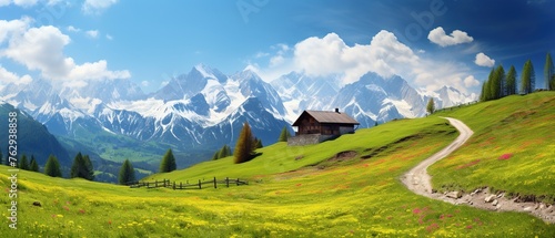 Beautiful Mountain and Rural Scene at Summer Day scent of blooming flowers photo