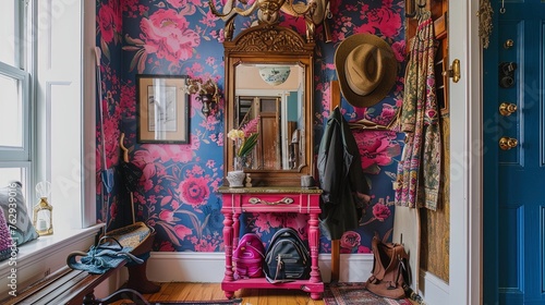 Vibrant eclectic entryway with floral wallpaper and vintage charm. © Alex