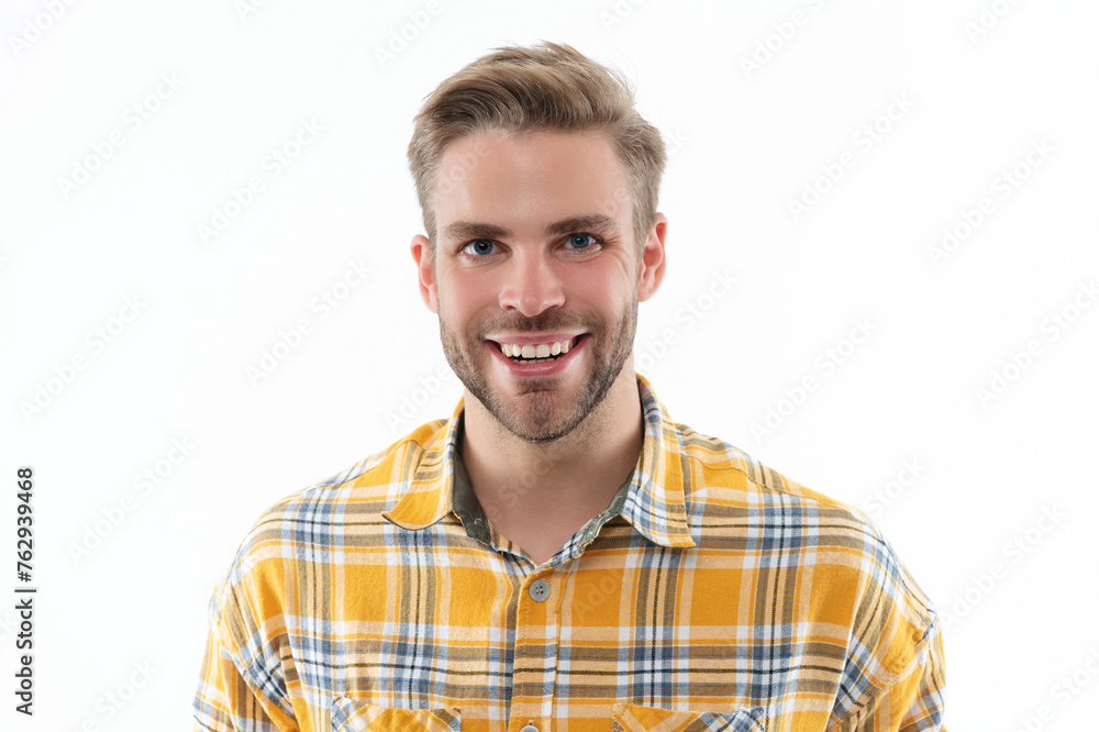 Face portrait. Caucasian casual guy. Man in checkered shirt isolated on white. Stylish man with stylish hairstyle. Trendy male fashion style. Male casual style. Male hairstyle Face portrait. Caucasian casual guy. Man in checkered shirt isolated on white. Stylish man with stylish hairstyle. Trendy male fashion style. Male casual style. Male hairstyle