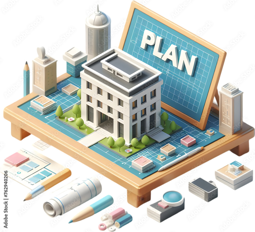 3D flat icon with wording Plan on an project management drafting board with a 3D model of a building with isolated white background and cute style