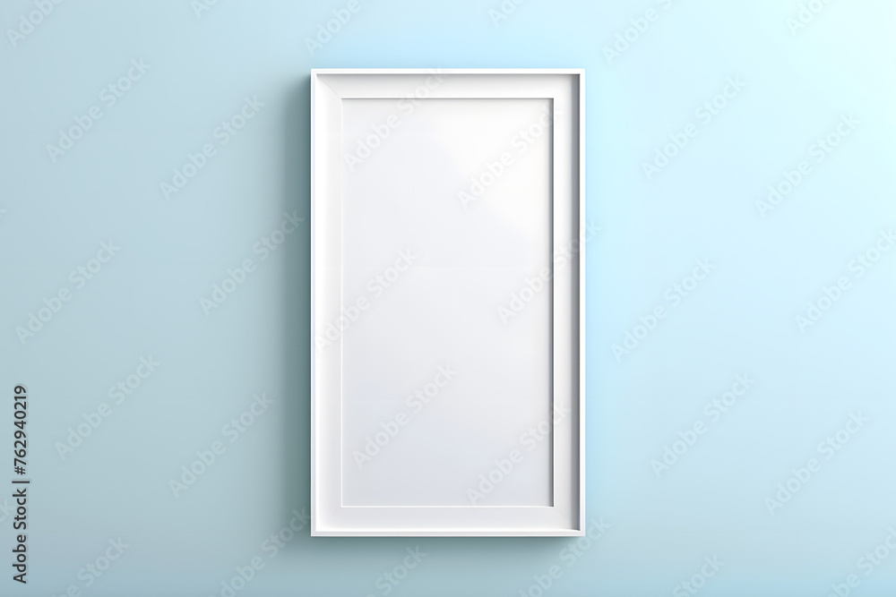 Vertical white frame mockup close up on wall painted pastel blue color Vertical white frame mockup close up on wall painted pastel blue color