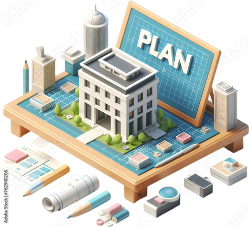 3D flat icon with wording Plan on an project management drafting board with a 3D model of a building with isolated white background and cute style