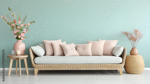 Vintage room in light pastel colors with modern sofa and rattan table