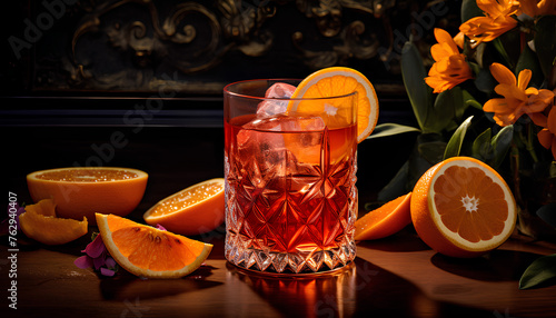 Negroni sbagliato cocktail, prosecco with Campari and vermouth. Serve in a highball glass with an orange slice photo