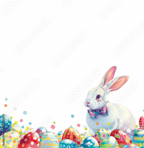 Digital colorful easter illustration with easter bunny and decorated eggs with copy space at top