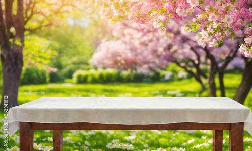an empty tablecloth-covered table against the background of pink color tree blooming in the garden