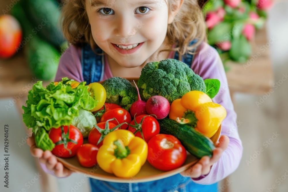 Happy girl holding plate of fresh veggies. Smiling in blue dress with polka dots. Tomatoes, cucumbers, bell peppers, broccoli. Bright and healthy image for lifestyle promotion. Happy girl holding plate of fresh veggies. Smiling in blue dress with polka dots. Tomatoes, cucumbers, bell peppers, broccoli. Bright and healthy image for lifestyle promotion.
