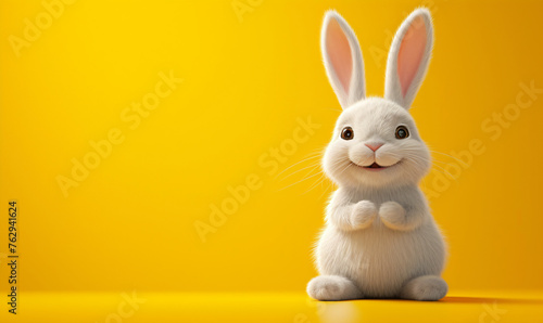 White smiling happy bunny on yellow background. Cute and funny cartoon character. Easter rabbit. Illustration for design greeting card, banner, sticker