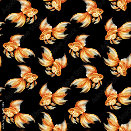 Seamless pattern with goldfish on black background.
