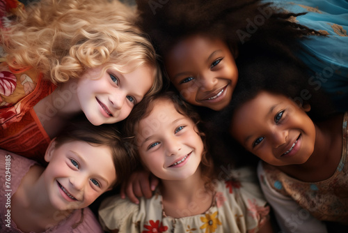 Portrait of multinational girls. Unity and multicultural friendship. International Children's Day