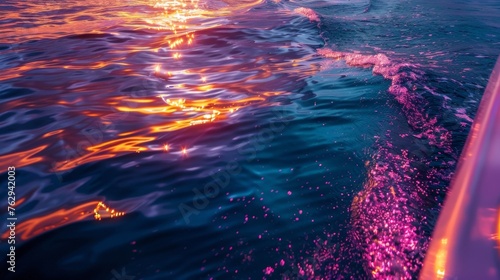 Underwater view of a yachts lights revealing a beautiful and intricate pattern of bright red purple and yellow hues amidst the dark blue ocean.