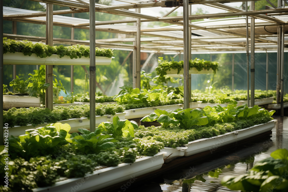 Fresh organic greenery on hydroponic farm. Greenhouse. Modern agricultural technology