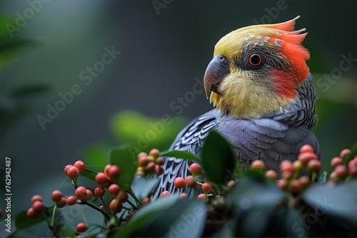 Cockatiel parrot  sitting on branch of tree in green jungle. Cute colorful wild Cockatiel parrot of scene from tropical forest. Exotic domestic pet concept  for pet shop with free place for text.