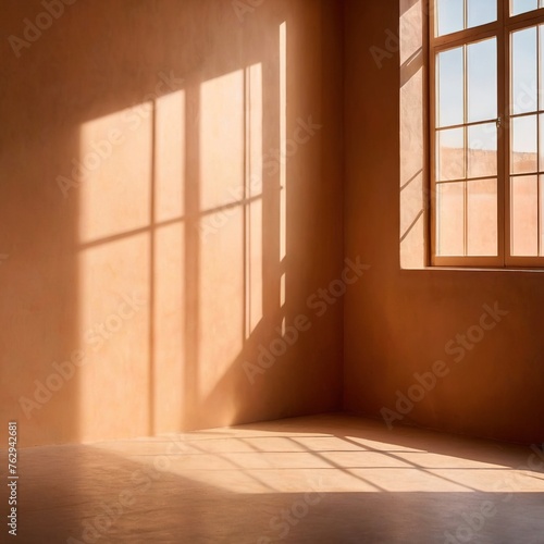 Blank beige neutral backdrop of home interior wall with light streaming, for product mockup