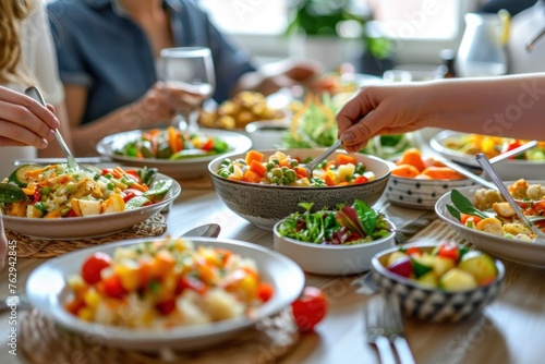 Friends sharing a delightful and nourishing meal at a beautifully decorated table filled with an array of colorful and healthy dishes, creating a vibrant and joyful dining experience © evgenia_lo