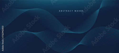 Blue background with flowing wave lines. Futuristic technology concept. Vector illustration 