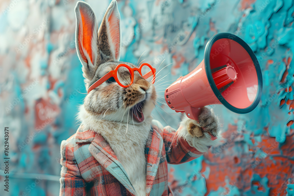 This colorful art collage features an easter bunny with a megaphone, promoting business discounts and job information, ideal for holiday ad campaigns and marketing promotions. - obrazy, fototapety, plakaty 