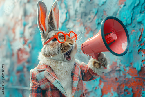 This colorful art collage features an easter bunny with a megaphone, promoting business discounts and job information, ideal for holiday ad campaigns and marketing promotions.