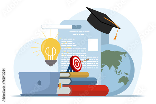 concept of education, knowledge, book library, reference literature and books, online library reading books in pile of publications. Obtaining information, preparing for the exam with examples. photo