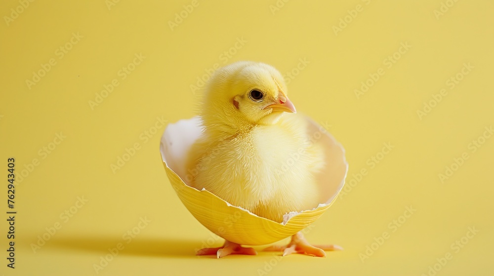 small yellow chicken in a shell on a yellow background, copy and text space, 16:9 small yellow chicken in a shell on a yellow background, copy and text space, 16:9