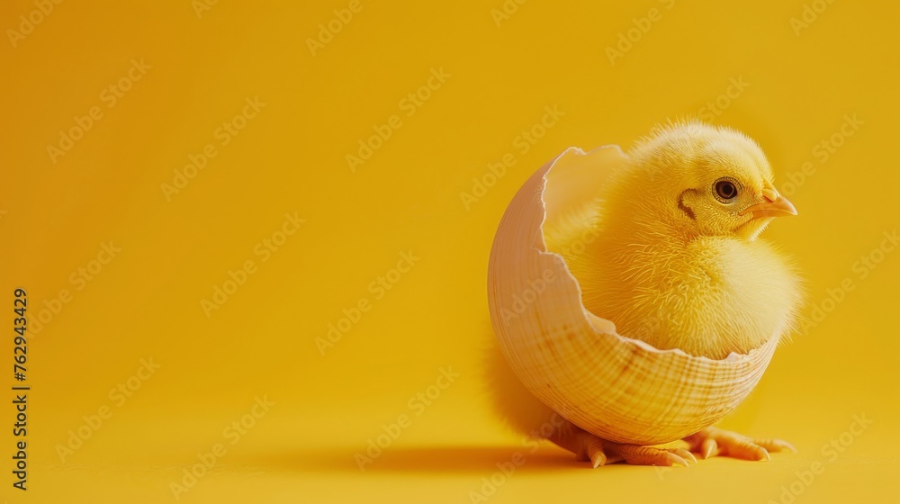 small yellow chicken in a shell on a yellow background, copy and text space, 16:9 small yellow chicken in a shell on a yellow background, copy and text space, 16:9