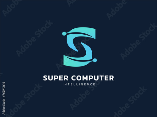 Artificial intelligence letter "S" supercomputer technology Analysis logo vector design concept. Letter S logotype symbol for Supercomputer, AI technology, verify, audit, follow, controller, big data.