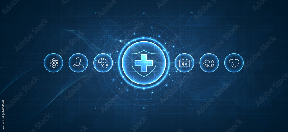 Health care medical science with icon digital technology world concept modern business. innovation, treatment, medicine. abstract about hi tech future blue background and medical research. vector. - obrazy, fototapety, plakaty 