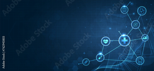 Health care medical science with icon digital technology world concept modern business. innovation, treatment, medicine. abstract about hi tech future blue background and medical research. vector.