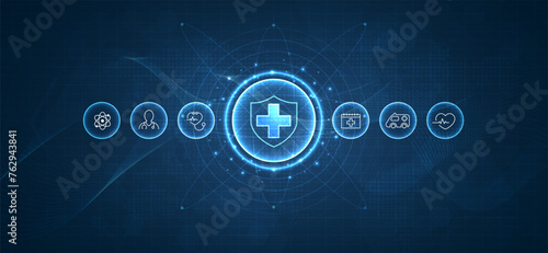 Health care medical science with icon digital technology world concept modern business. innovation, treatment, medicine. abstract about hi tech future blue background and medical research. vector.