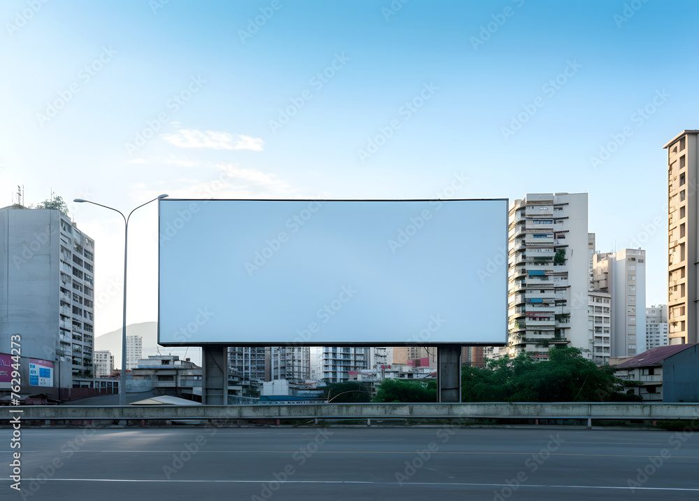 Illuminated Billboard Mockup, in the Background Towers Over Bustling Streets Illuminated Billboard Mockup, in the Background Towers Over Bustling Streets