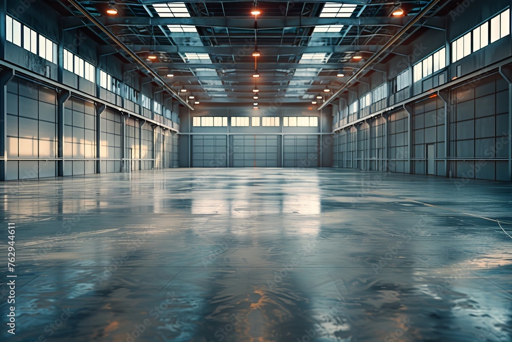 Spacious minimalist industrial warehouse interior with large windows and illuminated ceiling