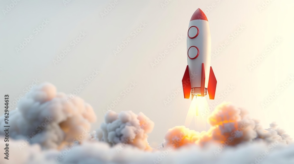 3D Rocket Launch in Space, Business Startup and Growth Concept, Isolated on White