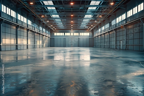 Spacious minimalist industrial warehouse interior with large windows and illuminated ceiling