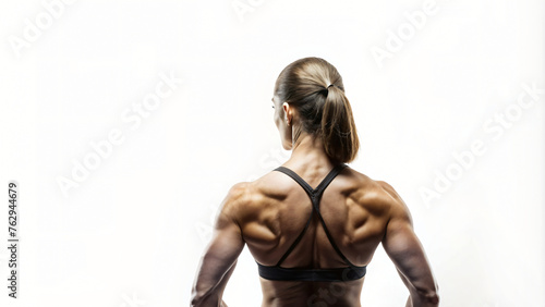 woman in studio, showcasing beauty and fitness, with bare back and sensual pose, embodying health and glamour