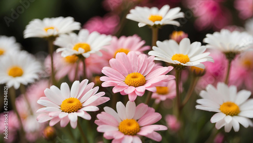 Pink and white daisies. A close-up photo of a cluster of pink daisies with yellow centers. The background is blurred and dark.