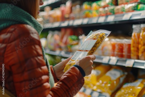 Young woman carefully analyzing the nutrition facts and ingredients list on a food product while shopping for groceries in a supermarket aisle, making informed choices for her health and well-being. photo