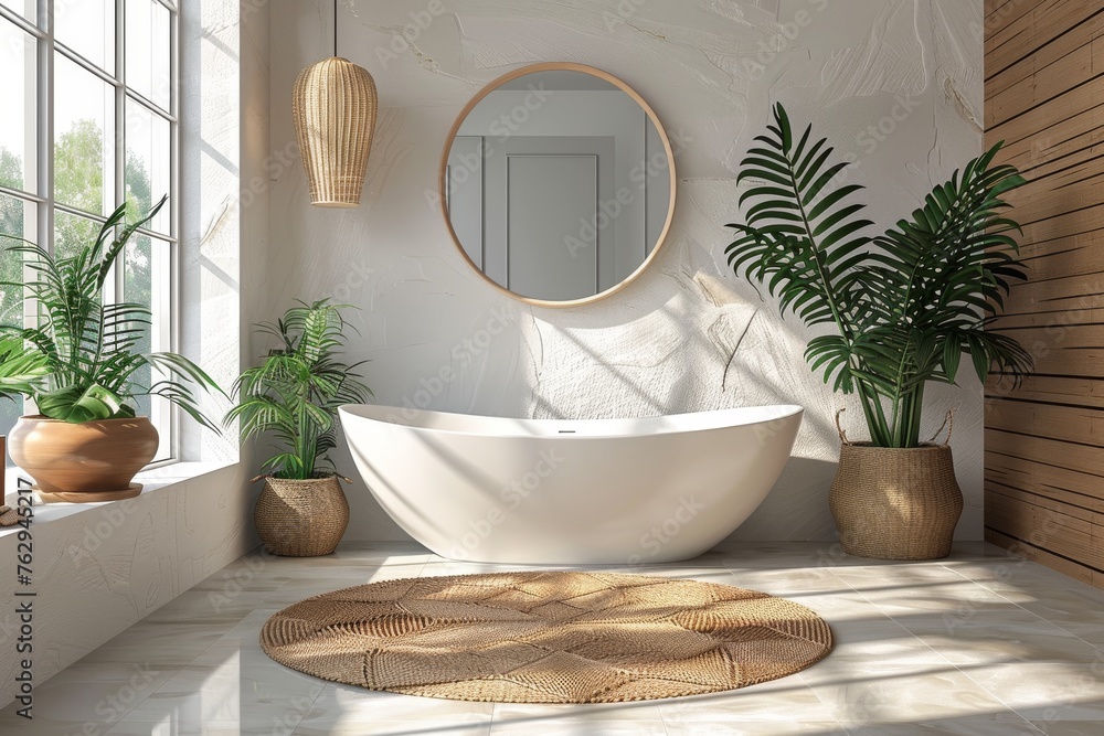 © Georgii - Bright modern bathroom interior with minimalist design and green plants