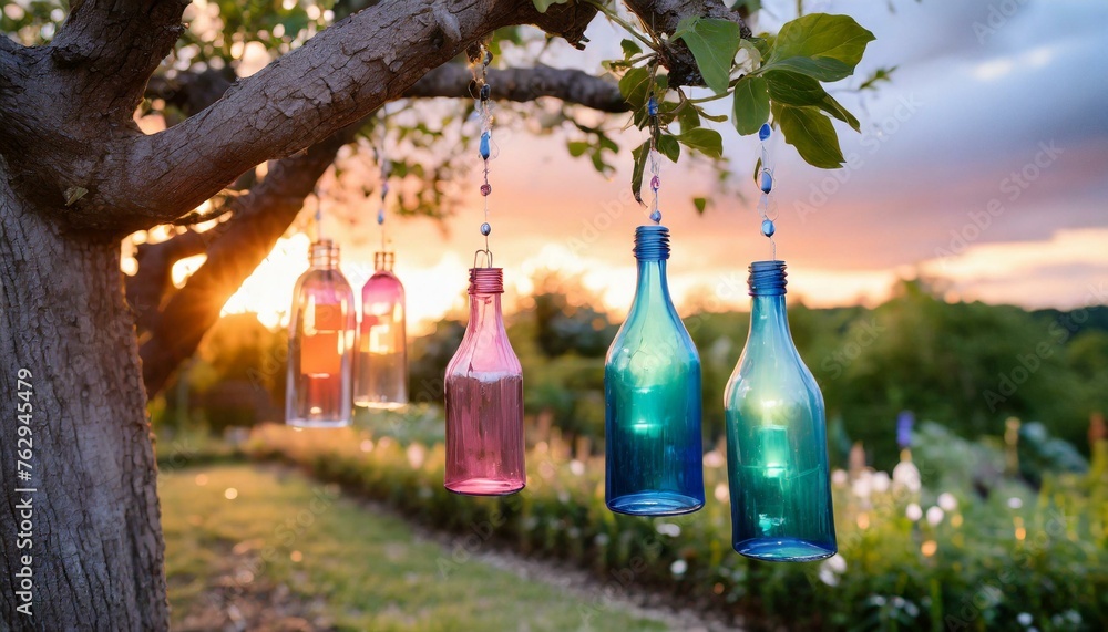 sunset in the park, Colorful glass bottles hanging from tree in a garden at sunset, 