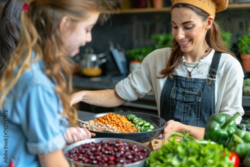 Mother And Daughter Cooking Together In The Kitchen  Sharing Laughter And Stories While Preparing Nutritious Meals  Strengthening Their Bond Through The Joy Of Family Cooking  Quality Time Together.