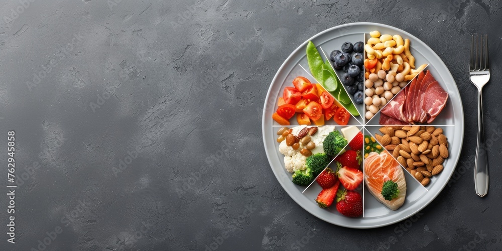 Balanced Diet Plate With A Variety Of Nutritious Food Items Arranged In Sections On Dark Background With Copy Space To The Right For Healthy Eating Concept And Nutrition Education