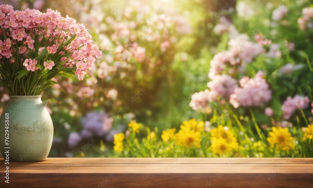 on a wooden table a beautiful large vase with pink flowers on the background of a blooming spring garden on a wooden table a beautiful large vase with pink flowers on the background of a blooming spring garden