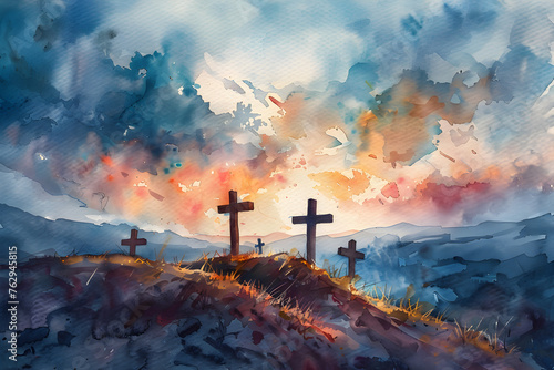 Watercolour painting depicting crosses on Mount Calvary on Good Friday, capturing the solemn and spiritual atmosphere of the religious event